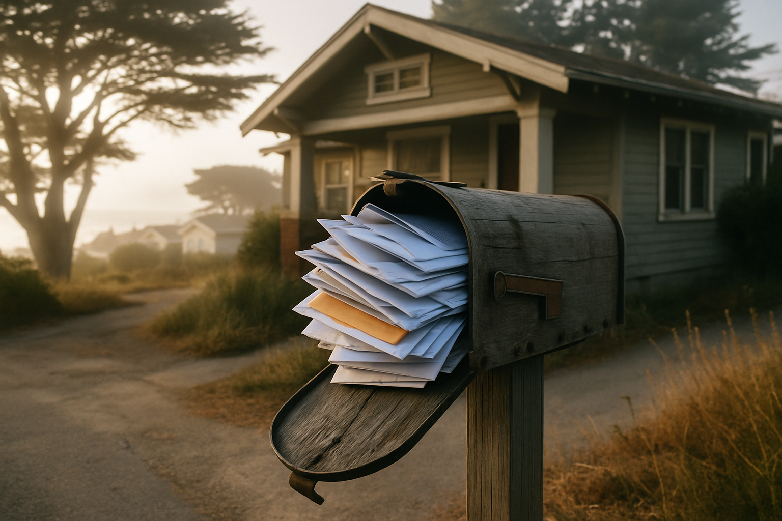 Overfull mailbox outside a vacant Monterey rental home with coastal fog in the background