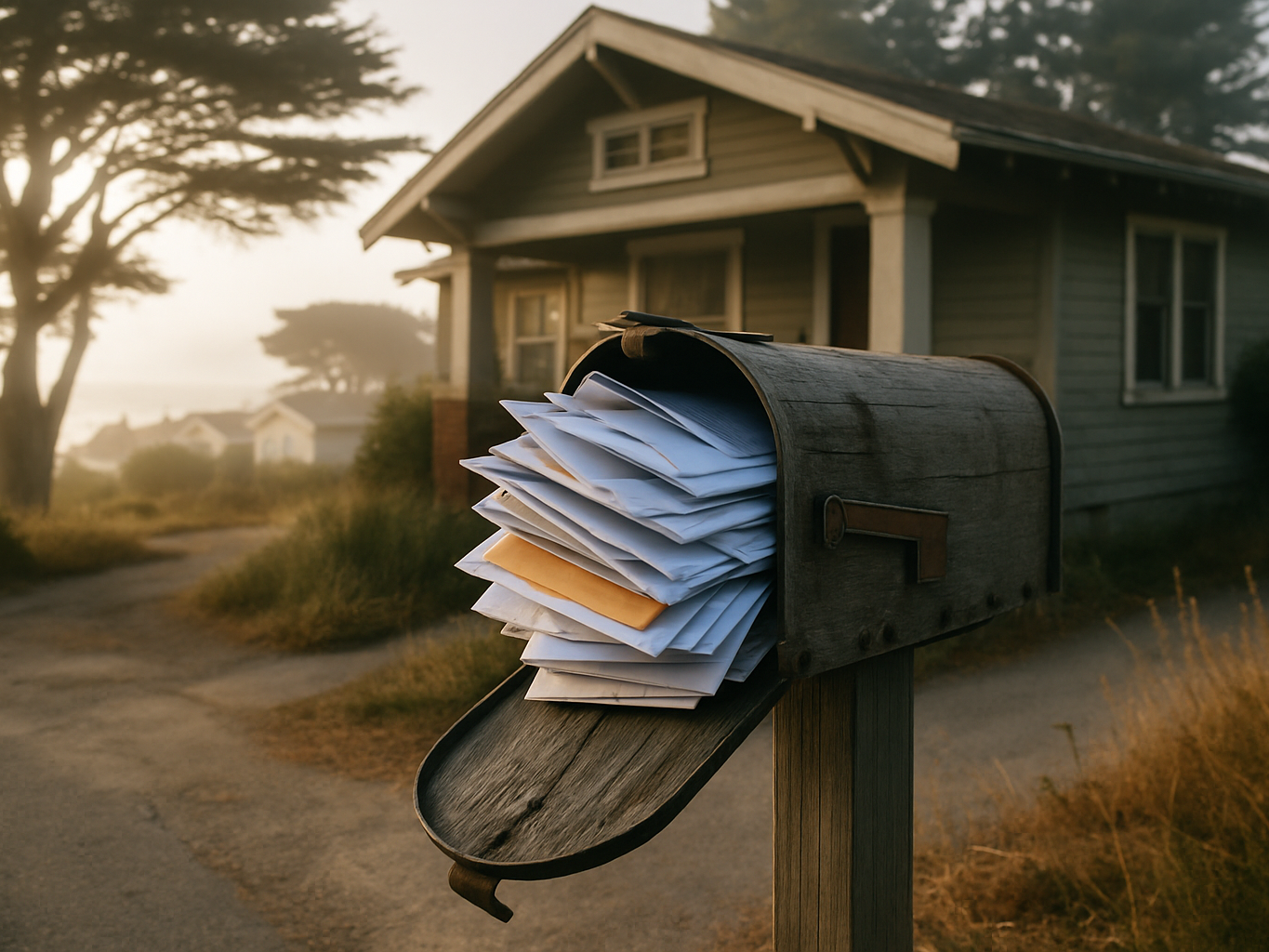 Overfull mailbox outside a vacant Monterey rental home with coastal fog in the background