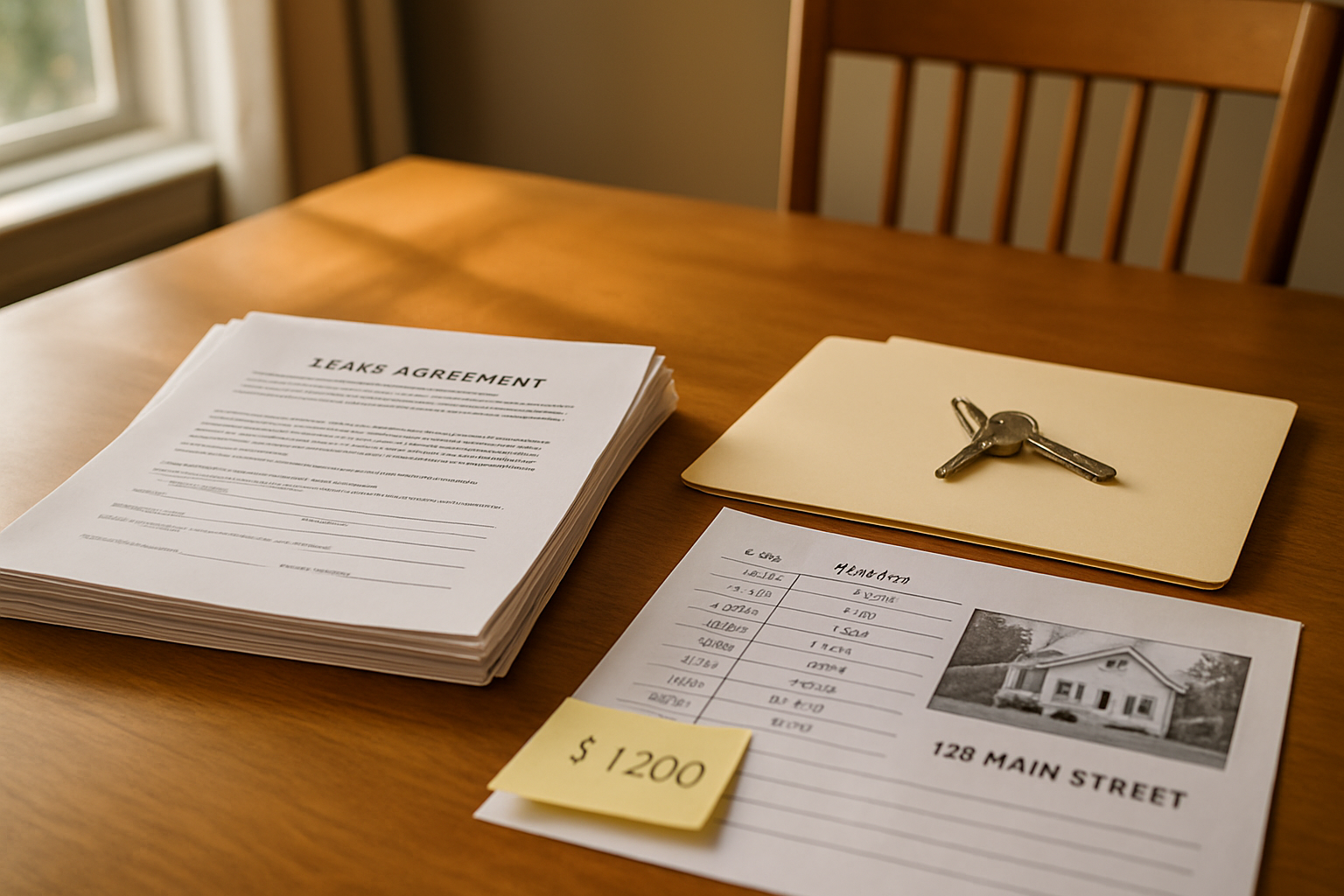 Rental documents, lease papers, and house keys laid out on a table during a handoff