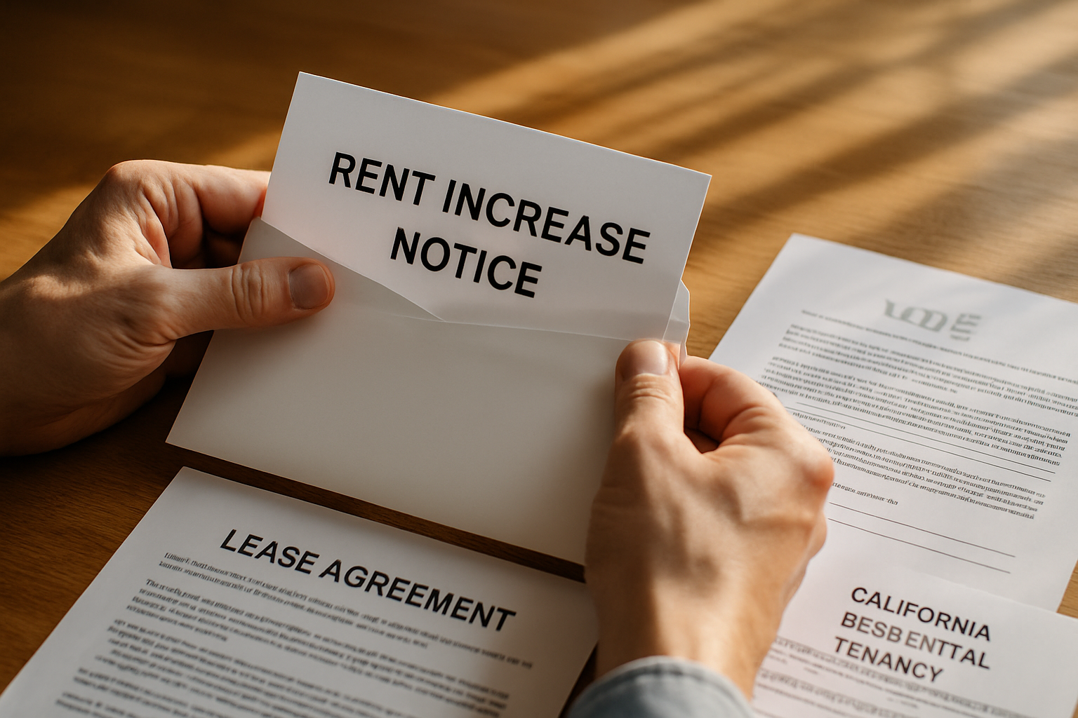 Landlord preparing a written rent increase notice alongside a California lease document on a wood desk.