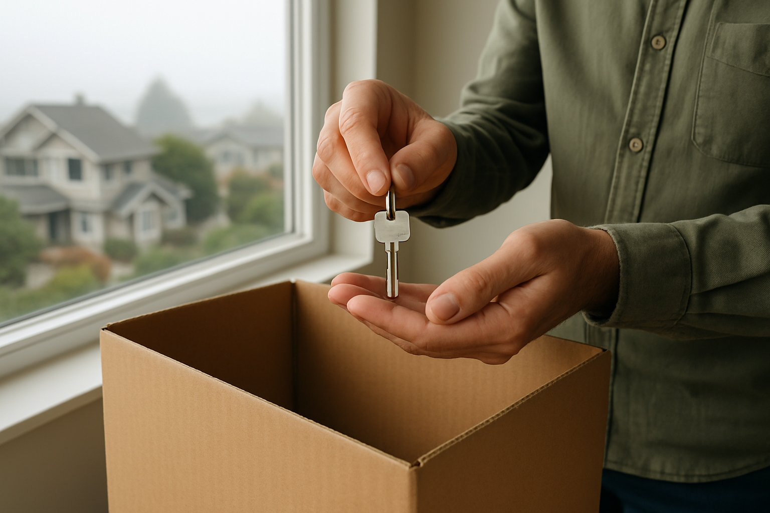 Homeowner holding a house key over a moving box before leaving a Monterey Bay rental property.