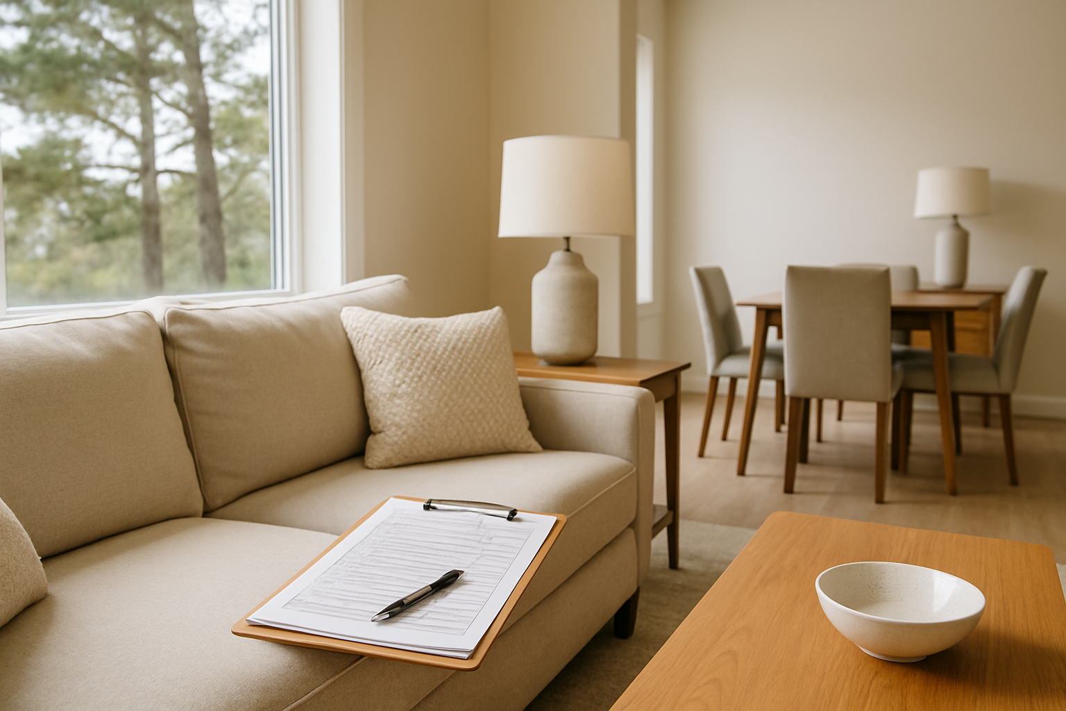 Furnished rental living room with a move-in inventory checklist on a clipboard, coastal pines visible through the window.