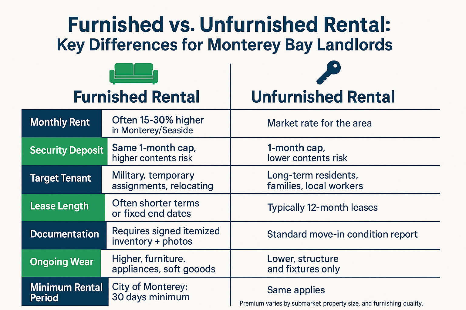 Infographic comparing furnished and unfurnished rental considerations for Monterey Bay landlords, covering rent, deposit, tenant type, and d