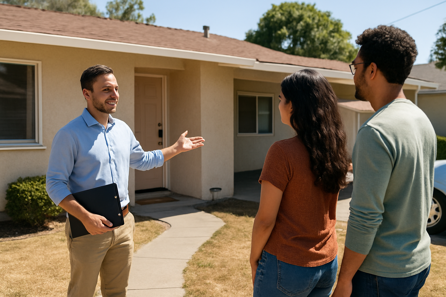 Property manager showing a Salinas single-family rental home to two prospective tenants at the front door
