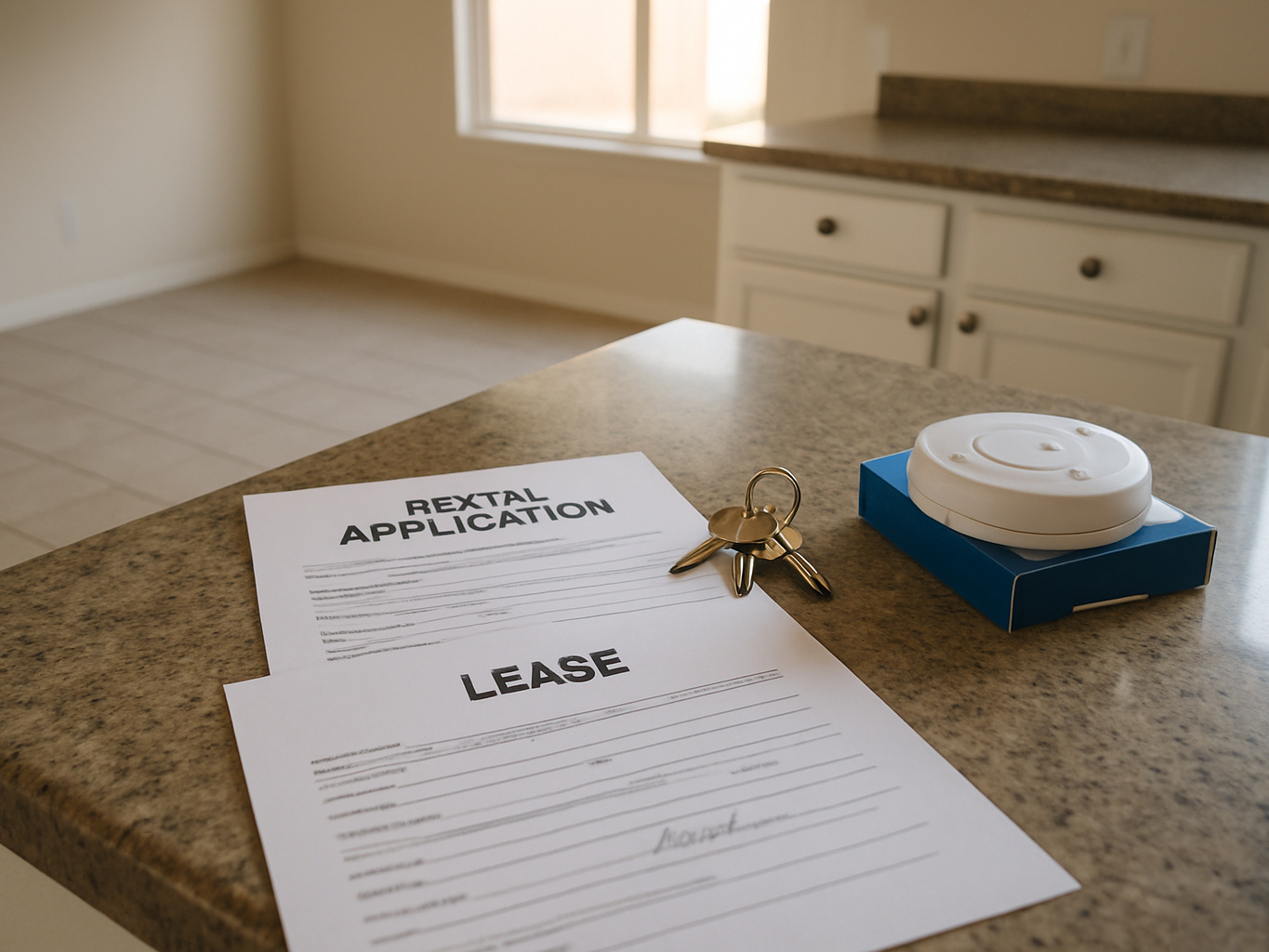 Rental application packet, house keys, and a new smoke detector on the counter of an empty Salinas rental home