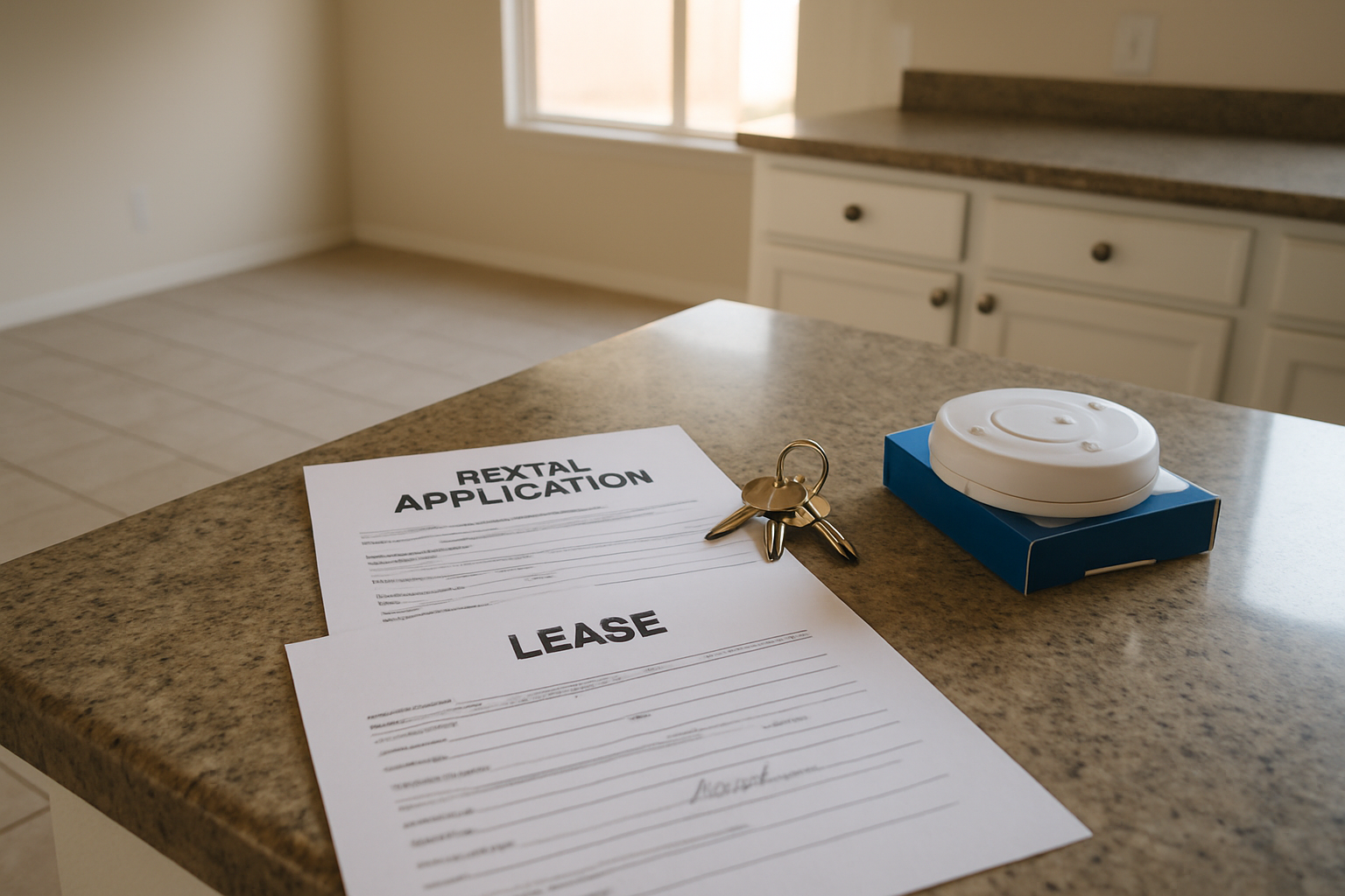 Rental application packet, house keys, and a new smoke detector on the counter of an empty Salinas rental home