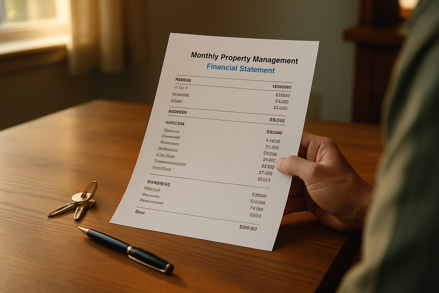 Landlord reviewing a printed financial statement on a desk beside house keys