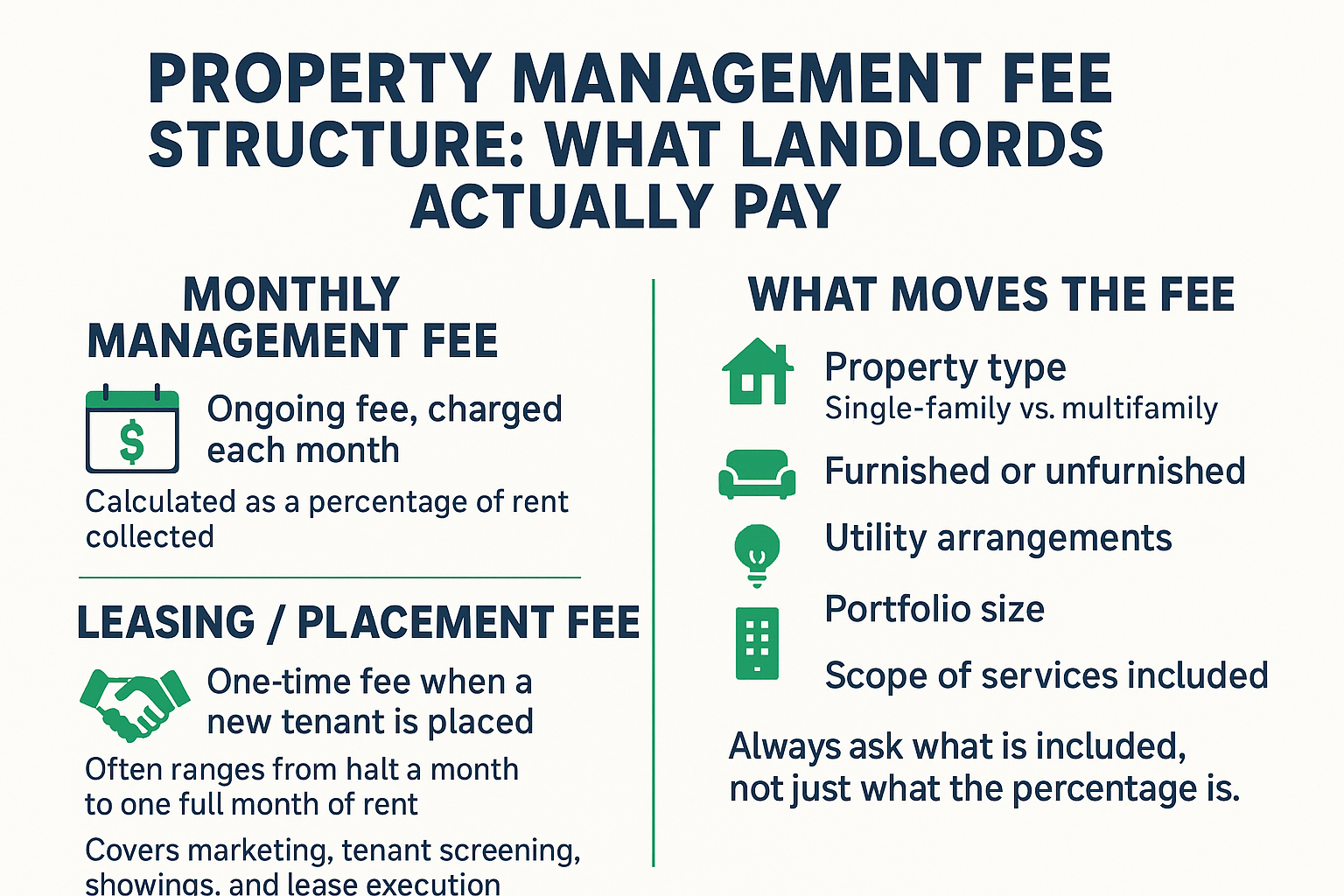 Infographic showing the two main fee types and the five factors that affect what landlords pay