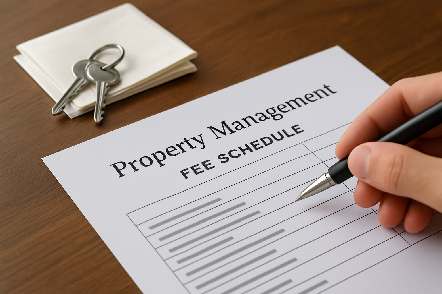 Landlord reviewing a fee breakdown document with a pen and house keys on a desk