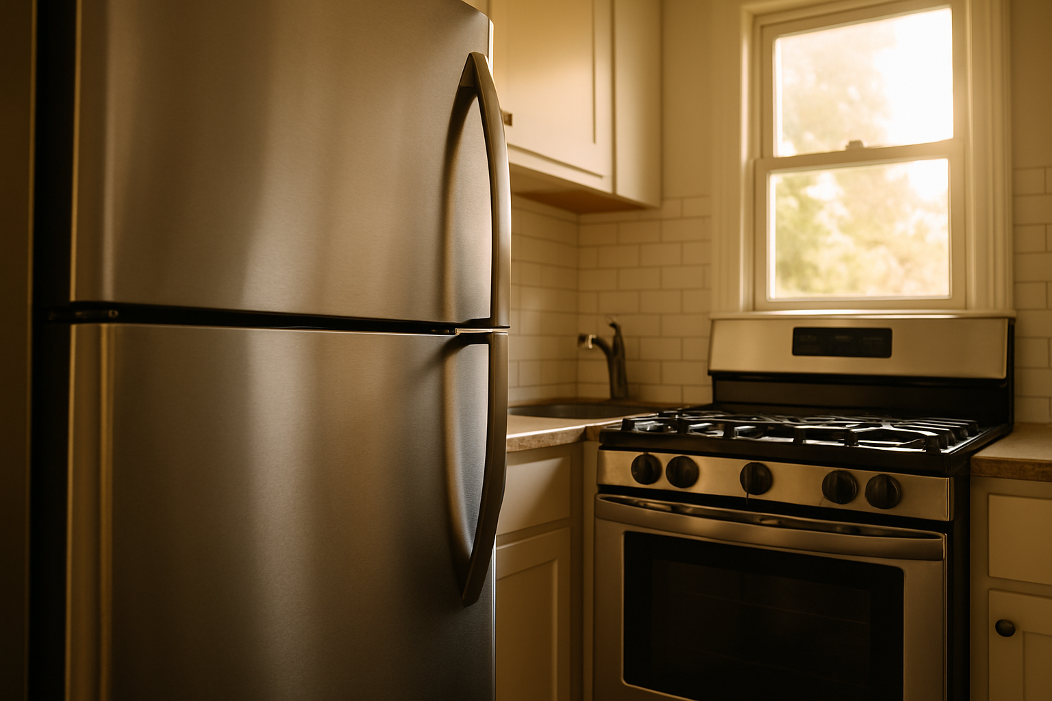 Working stainless steel refrigerator and gas range in a clean rental kitchen, required under California AB 628 habitability law