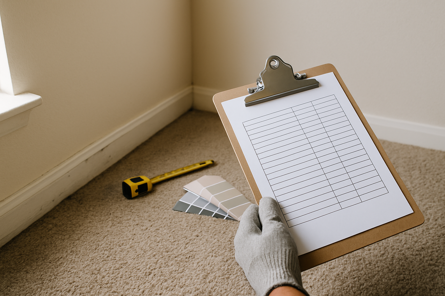 Property inspection checklist and paint samples during turnover prep in an empty Salinas rental bedroom