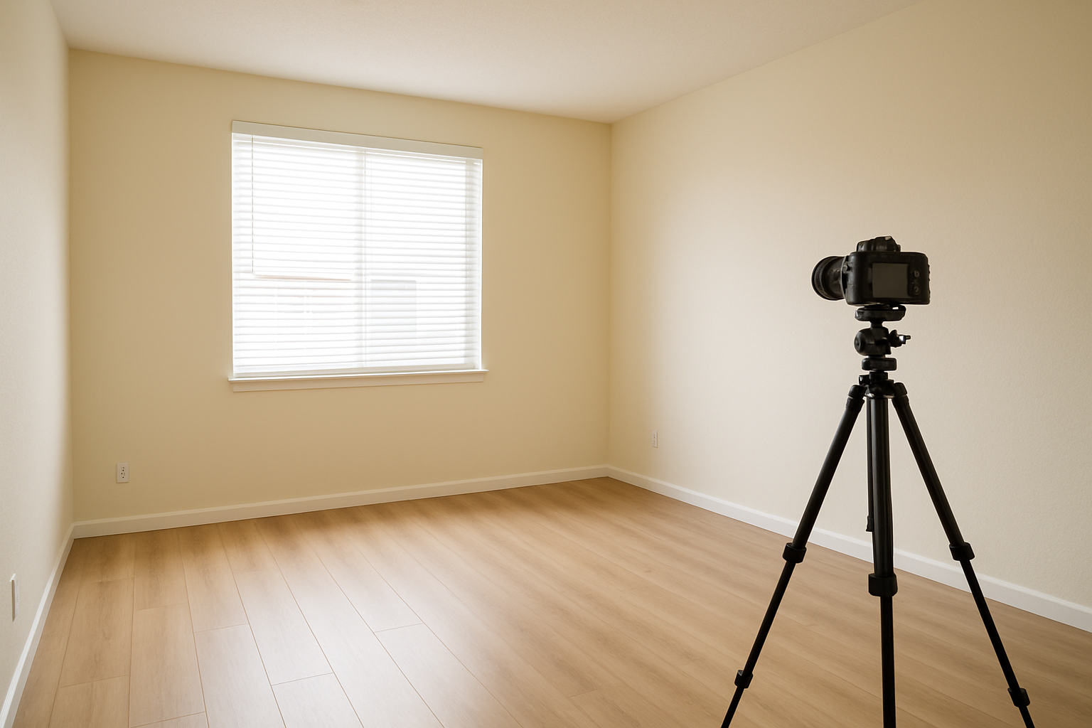 Empty clean rental living room set up with a tripod camera for professional listing photos