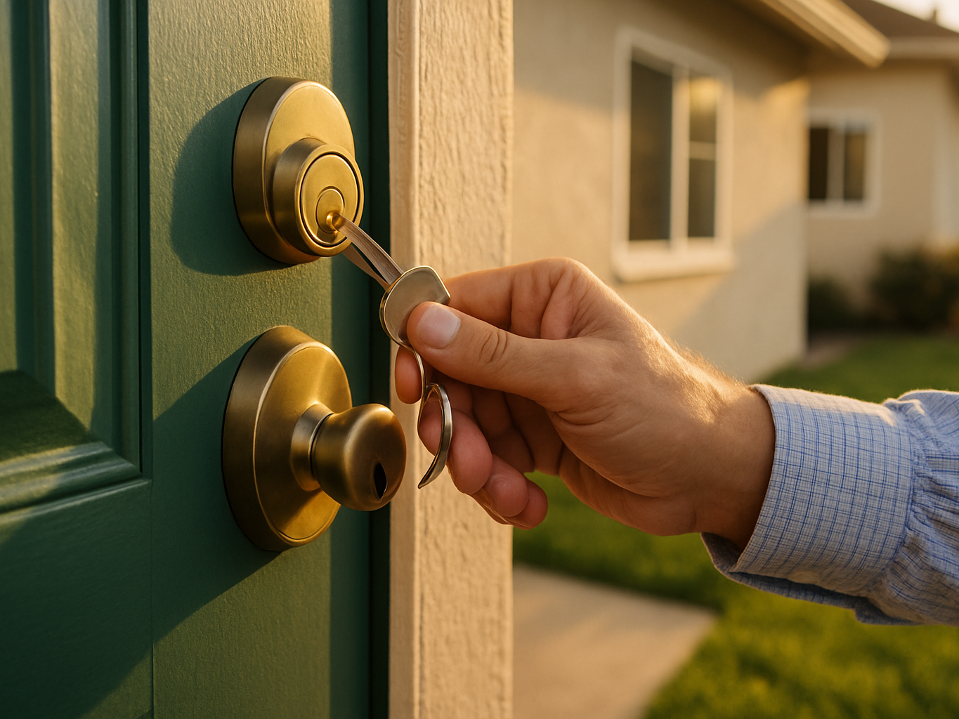 Hand unlocking the front door of a Salinas rental home before a new tenant moves in