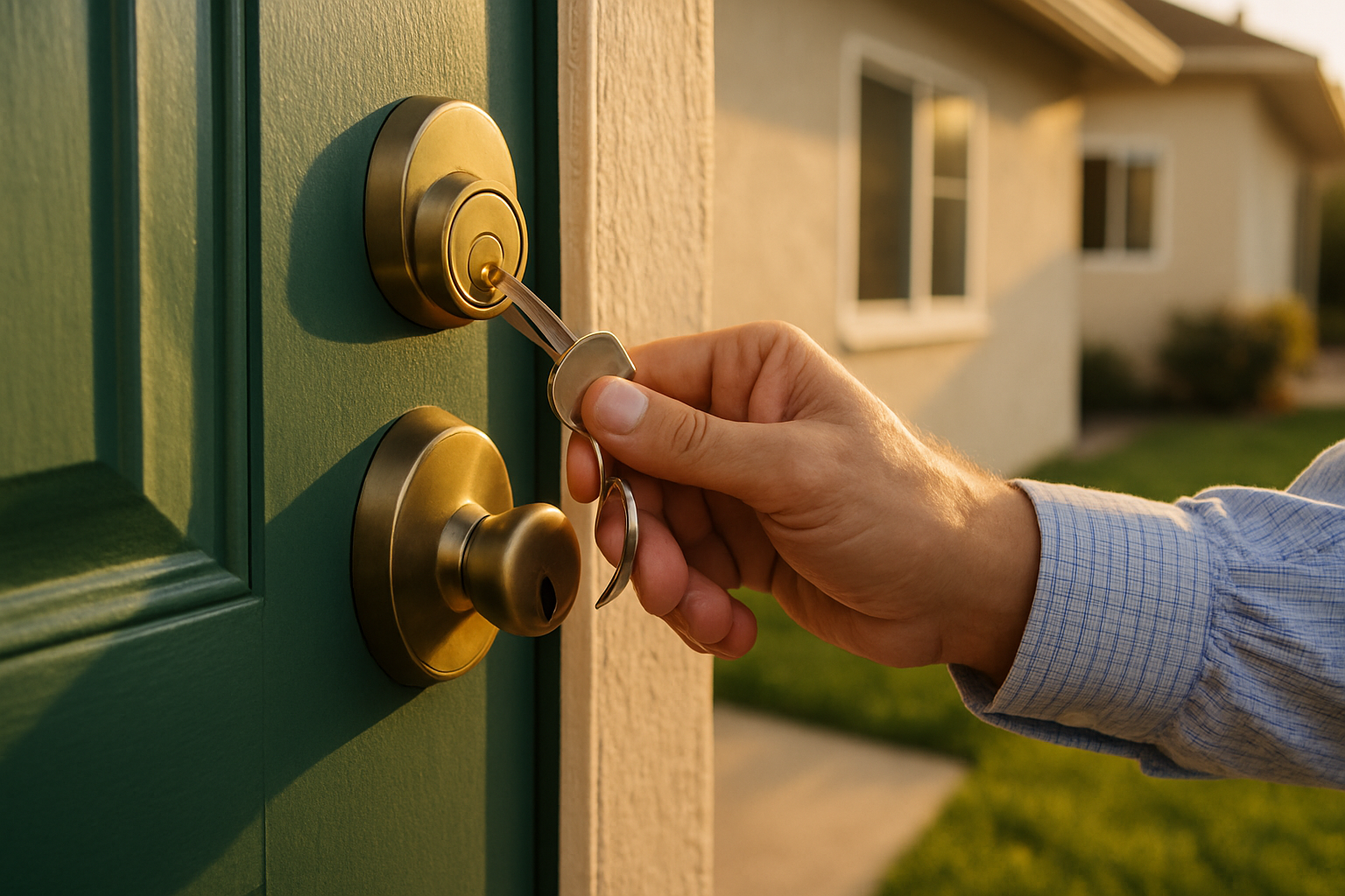 Hand unlocking the front door of a Salinas rental home before a new tenant moves in