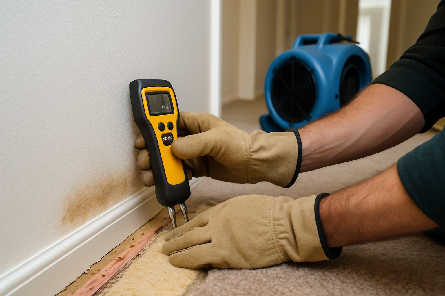 Moisture meter checking a water damaged baseboard in a rental home hallway