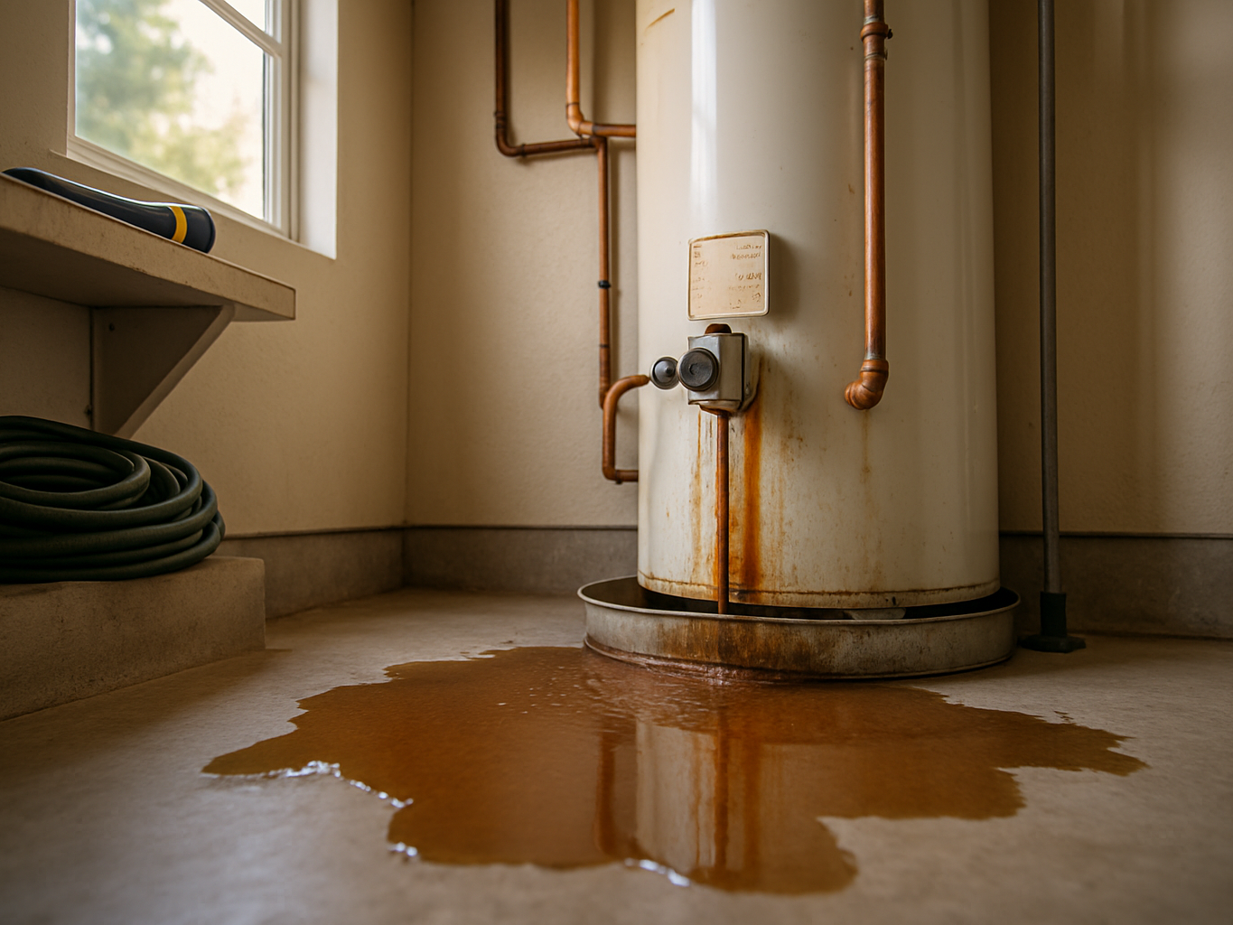 Rusting water heater leaking onto a garage floor in a Salinas rental home