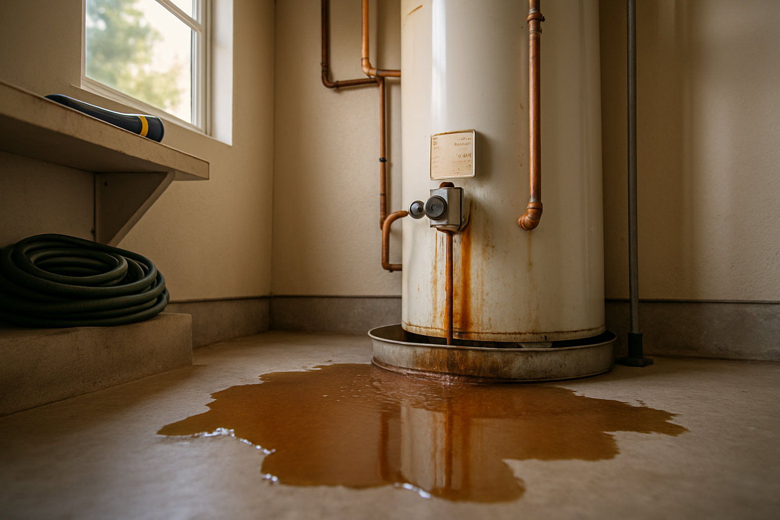 Rusting water heater leaking onto a garage floor in a Salinas rental home