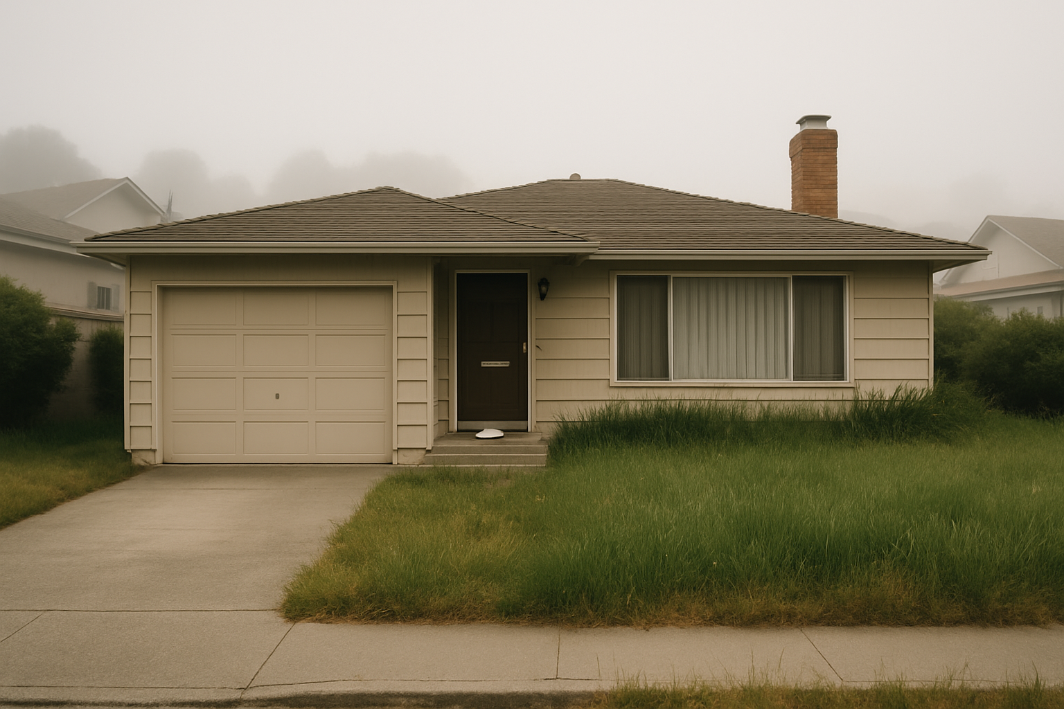 Vacant single-family home with overgrown lawn and closed curtains on a foggy Monterey County street