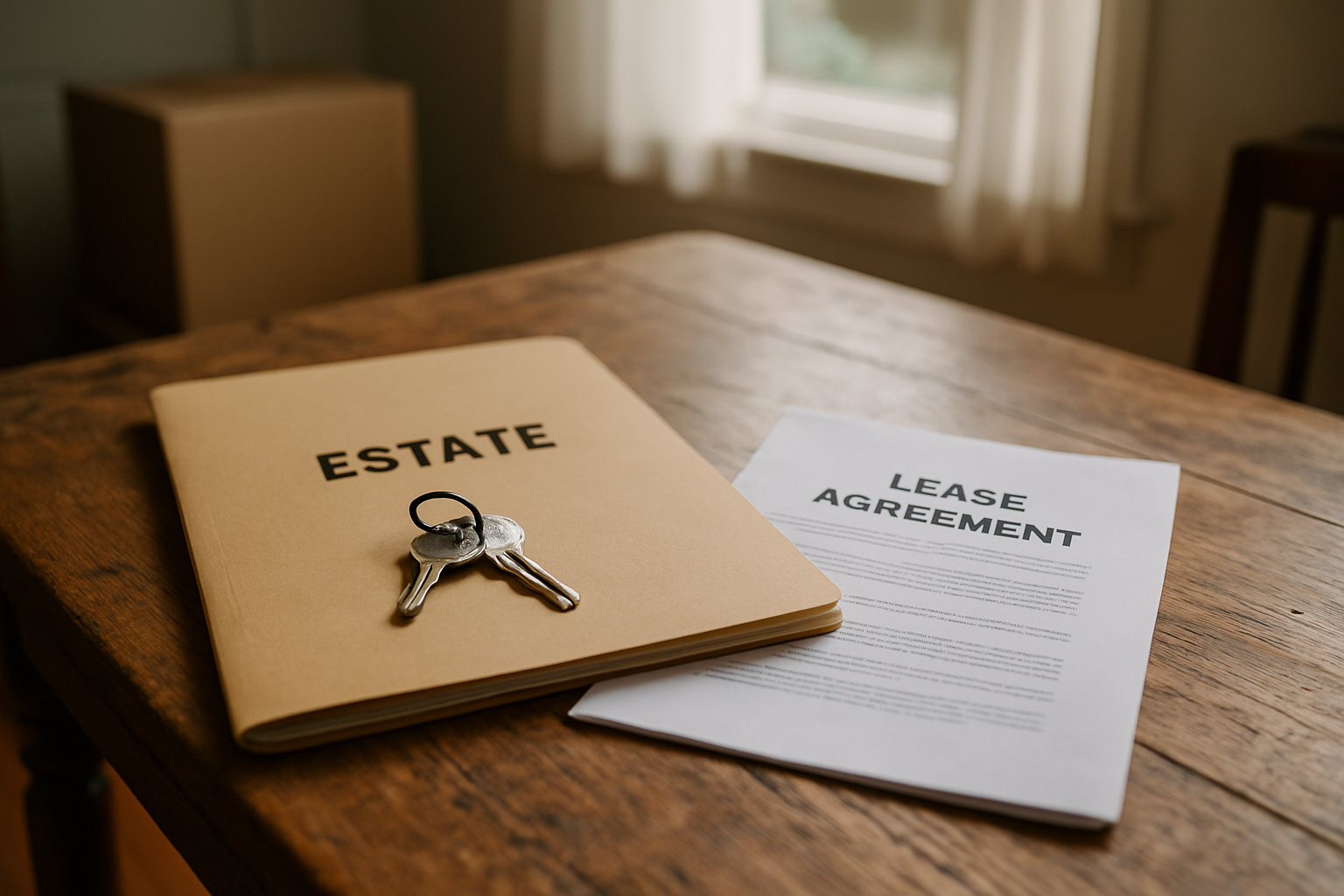 House keys and a lease folder on a kitchen table inside an inherited Monterey Bay home