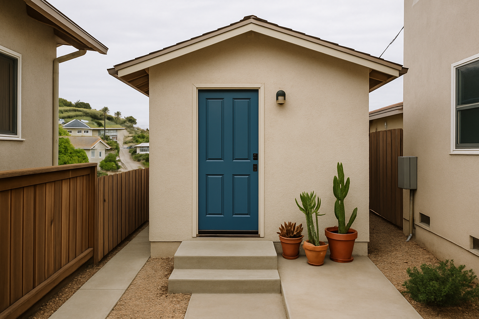 Detached backyard accessory dwelling unit with its own entrance behind a Seaside single-family home