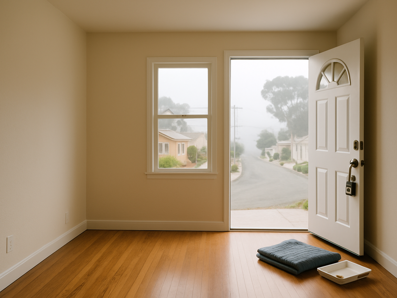 Empty freshly painted Seaside rental home with open front door, lockbox, and coastal fog light coming in