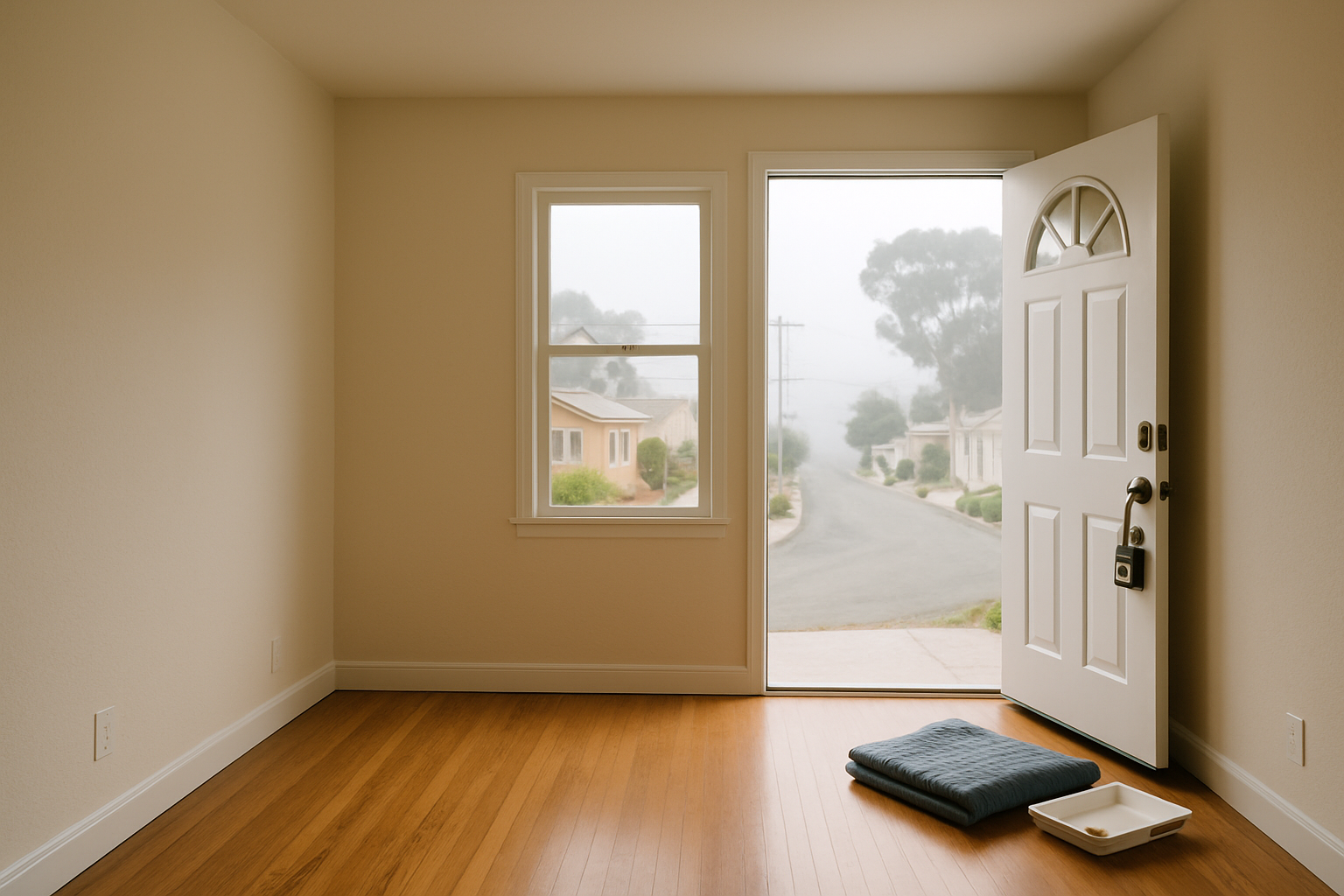 Empty freshly painted Seaside rental home with open front door, lockbox, and coastal fog light coming in