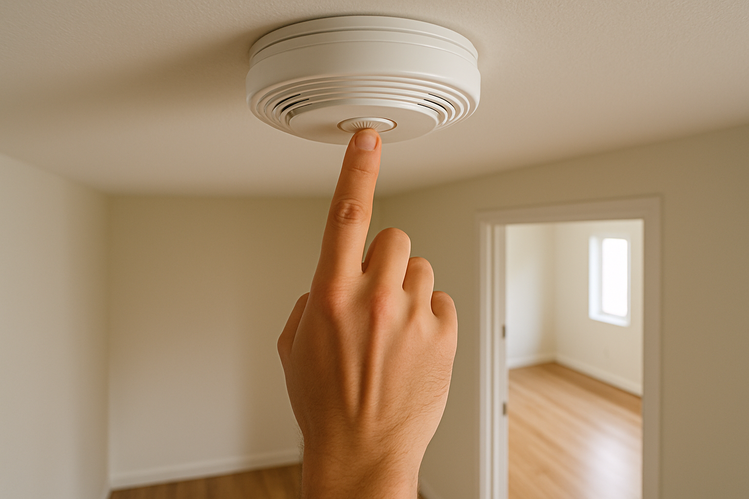 Hand testing a ceiling smoke alarm in an empty Monterey rental home before tenant move-in