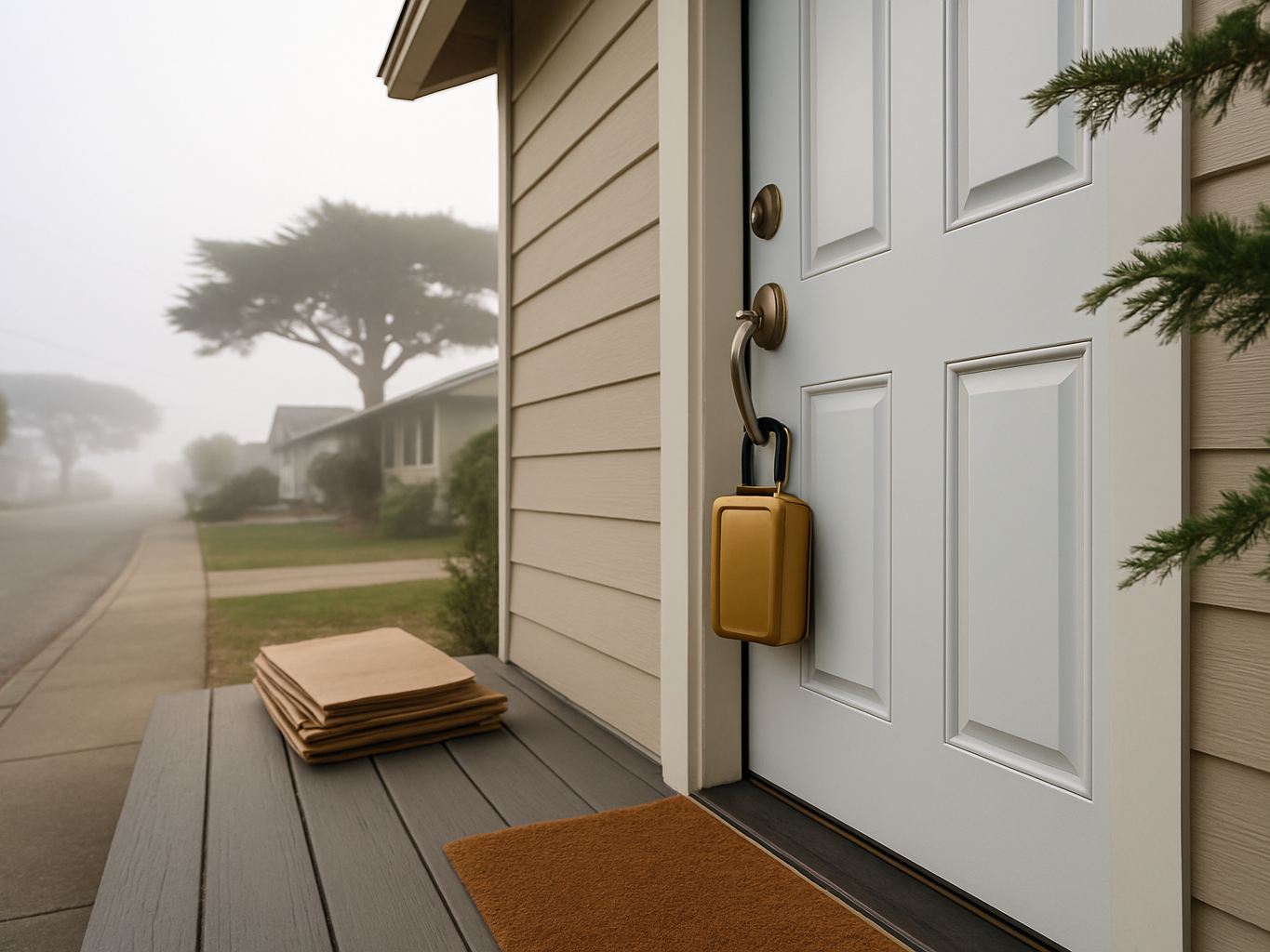Lockbox on the front door of a vacant Monterey home being prepared as a remotely managed rental
