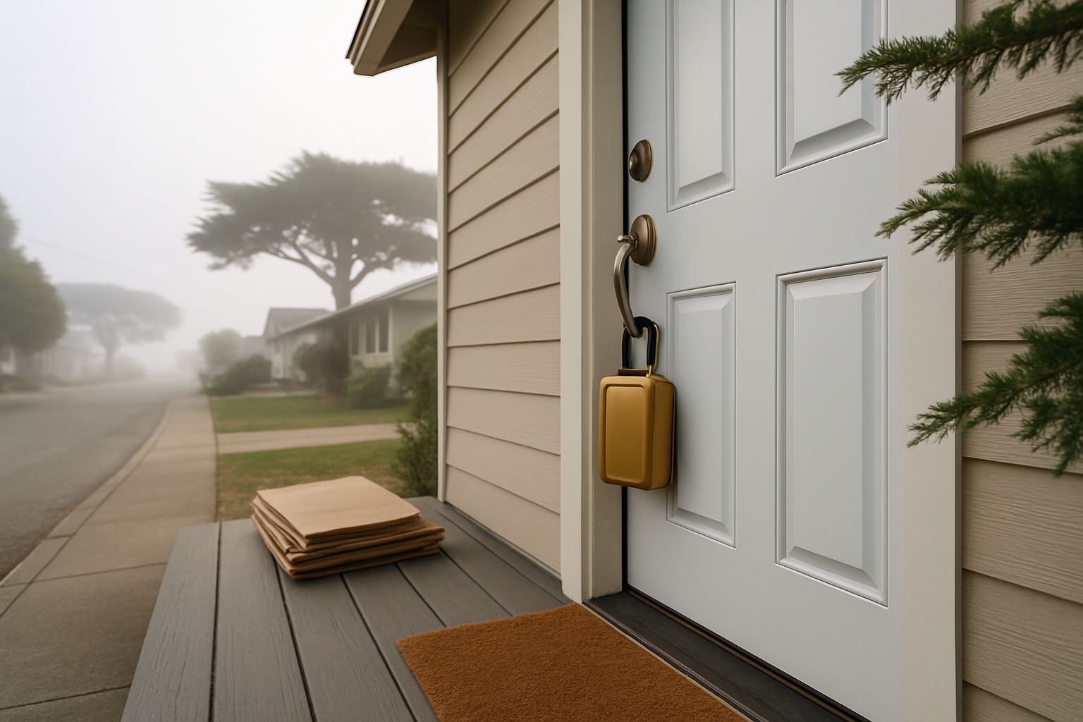 Lockbox on the front door of a vacant Monterey home being prepared as a remotely managed rental