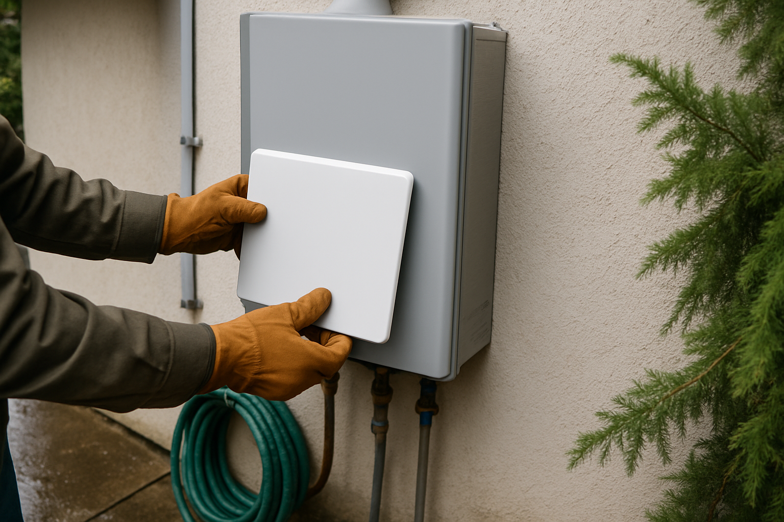 Gloved hands inspecting an exterior water heater on the side of a coastal California home after rain