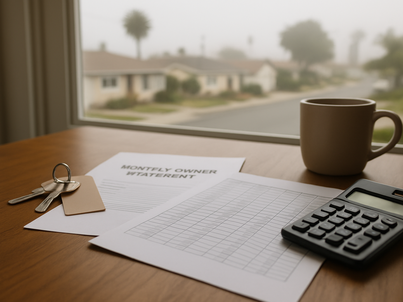 Owner statement paperwork, house keys, and a calculator on a desk near a window overlooking a coastal neighborhood