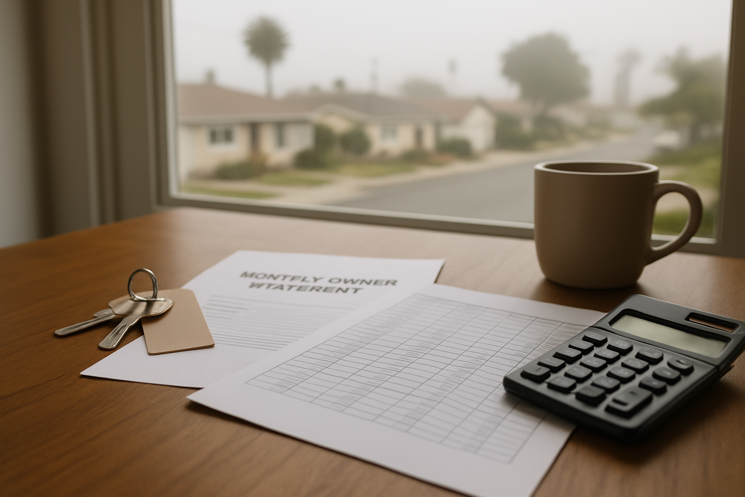 Owner statement paperwork, house keys, and a calculator on a desk near a window overlooking a coastal neighborhood