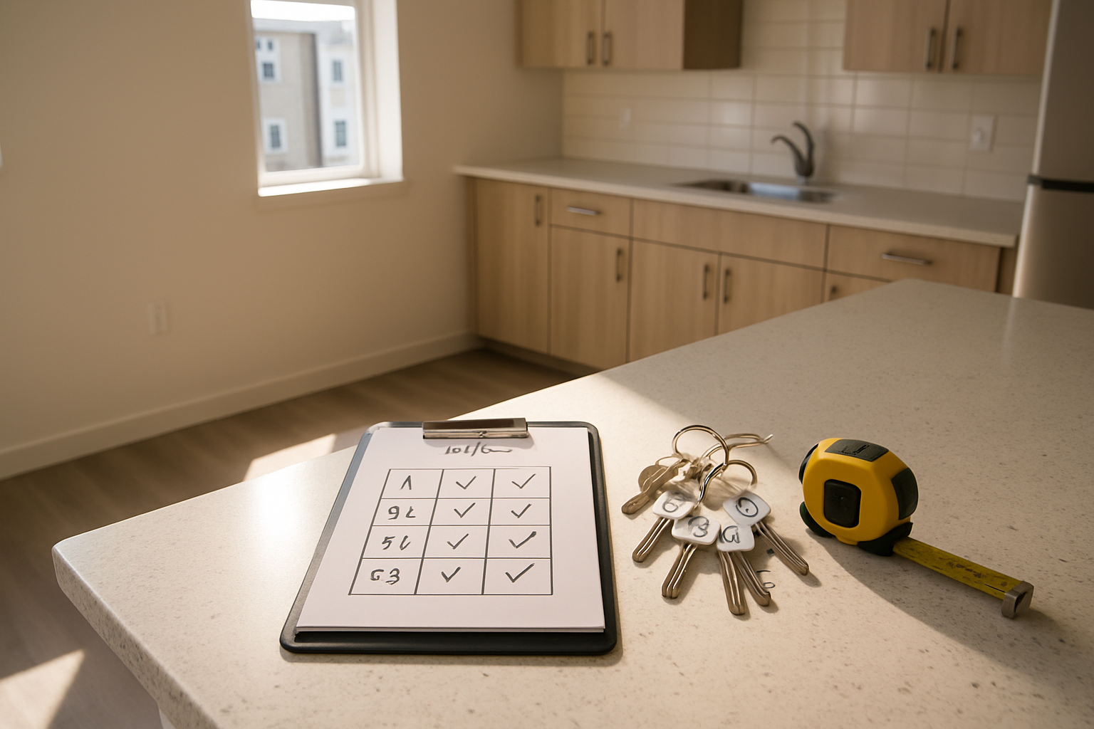 Clipboard with a unit-by-unit leasing schedule and key sets on the counter of an empty new apartment