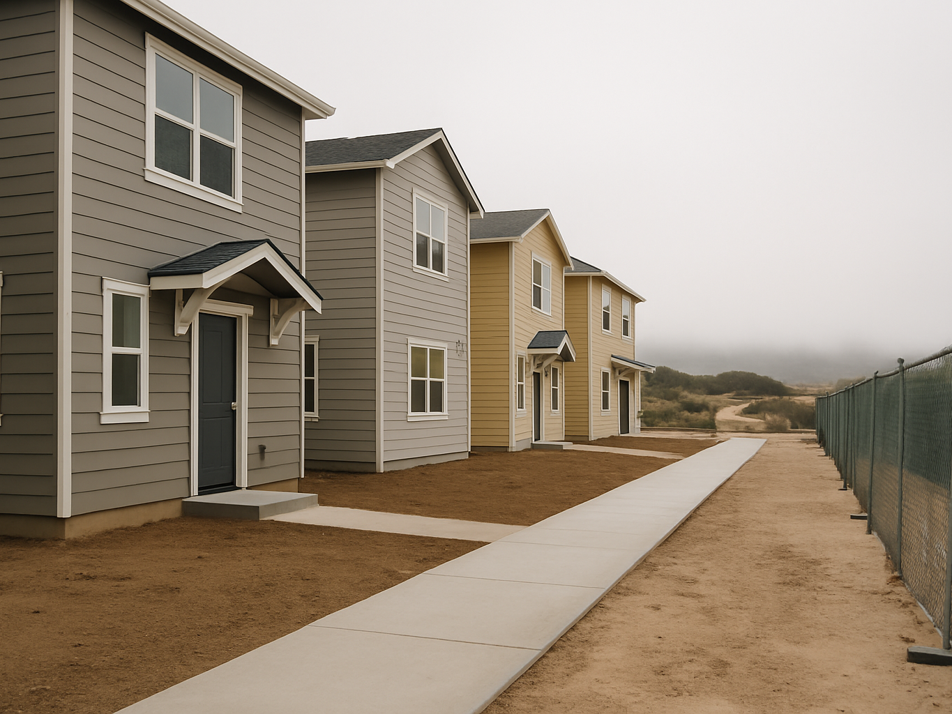 Newly built small apartment buildings in a coastal Marina CA neighborhood on a foggy morning before lease-up