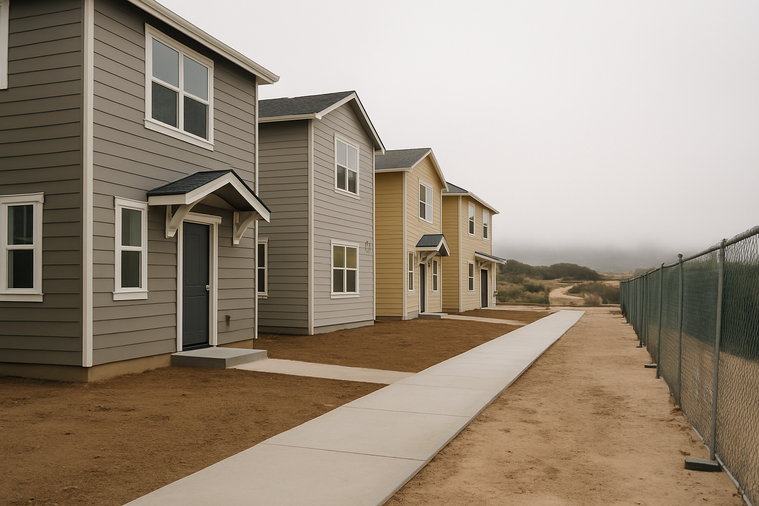 Newly built small apartment buildings in a coastal Marina CA neighborhood on a foggy morning before lease-up